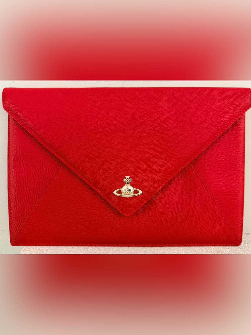 VIVIENNE WESTWOOD Red Saffiano Leather Envelope Clutch Gold Orb